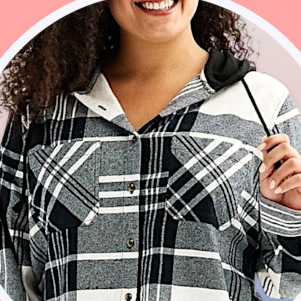 NWT 2XL Cropped Plaid Button Up Hoodie w 2 Pockets & High Low Hemline - Picture 4 of 16